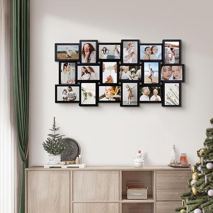 J.M.Deco Collage Picture Frames for Wall Decor, 18-Opening Reunion Family Friends Picture Frame Set, 4 x 6 Photo Frames for Living Room, Bedroom, Gallery Wall Hanging, Black