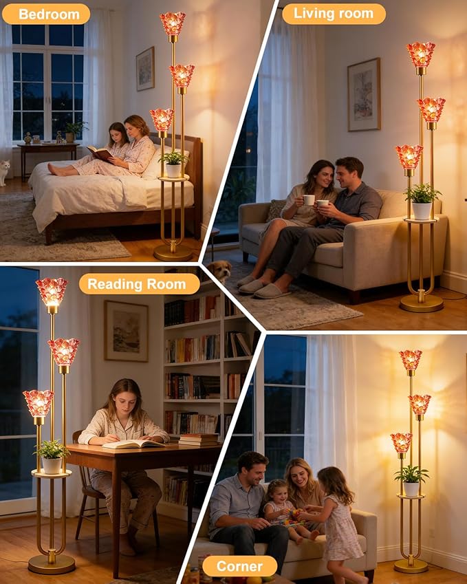 3-Light Modern Glass Floor Lamp with Shelf, Gold Tall Standing Lamp with Deep Red Flower Glass Shade, LED Floor Lamp with Foot Switch& 5Lbs Heavy Base for Living Room Bedroom, Bulb Included