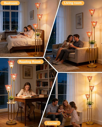 3-Light Modern Glass Floor Lamp with Shelf, Gold Tall Standing Lamp with Deep Red Flower Glass Shade, LED Floor Lamp with Foot Switch& 5Lbs Heavy Base for Living Room Bedroom, Bulb Included