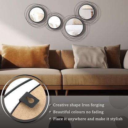 Hicarer 4 Pcs Decorative Round Modern Circle Mirror Wall Art Ring Metal Mirror Wall Mounted for Bedroom, Living Room, Entryway, Dining Room, Hallway (Black)