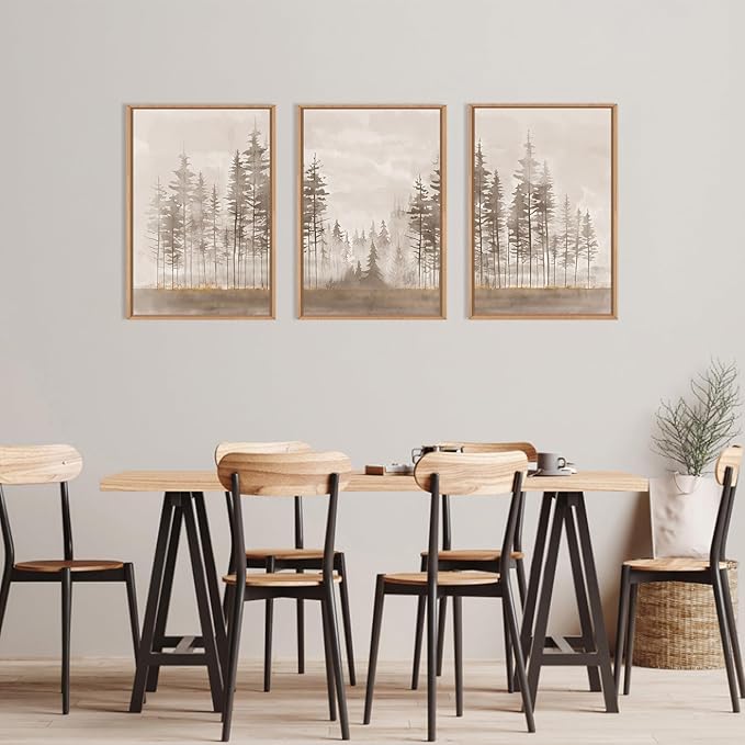Beige Foggy Pine Tree Framed Canvas Wall Art Set,Modern Misty Forest Wall Decor,Nature Landscape Brown Art Print for Living Room,Bedroom-24 x36 x3