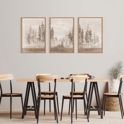 Beige Foggy Pine Tree Framed Canvas Wall Art Set,Modern Misty Forest Wall Decor,Nature Landscape Brown Art Print for Living Room,Bedroom-24 x36 x3