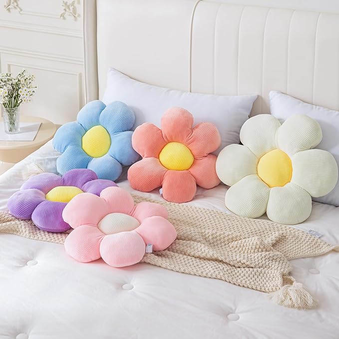 CANGHI 3Pcs Flower Pillow - Flower Shaped Throw Pillow Seating Cushion, Cute Daisy Flower Pillow Floor Pillows for Adults Kids Home Bedroom Sofa Chair Couch Decor (White/Pink/Blue, 15.74 in+19.68 in)