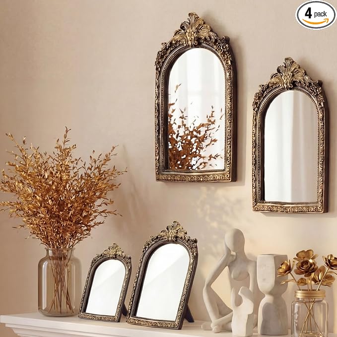 Thyle 4 Pcs Vintage Mirror Set Gold Antique Makeup Mirror Arch Retro Resin Baroque Decorative Wall Square Hanging Desk Tabletop Room Bedroom Bathroom Gallery (13x9 10x7 8x5 7x4)(Dark Color)