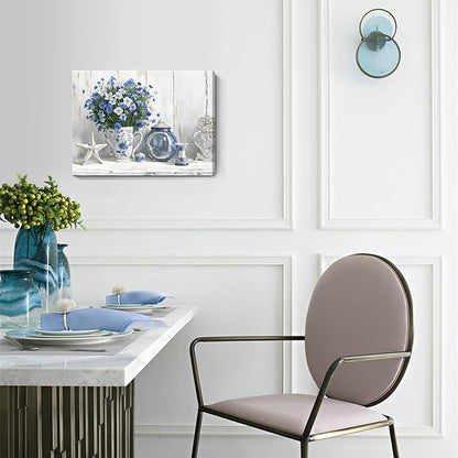 Nicetop Bathroom Decor Wall Art Vintage Coastal Picture Blue and White Anemone Flowers in Vase with Starfish and Bottle Pottery Canvas Print Rustic Country Farmhouse Artwork for Bedroom 16x12 Inch