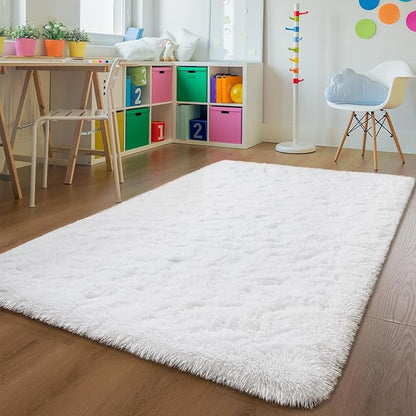Andecor Soft Fluffy Bedroom Rugs, 5 x 8 Feet Indoor Shaggy Plush Area Rug for Boys Girls Kids Baby College Dorm Living Room Home Decor Floor Carpet, White