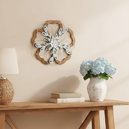 Remenna Metal Flowers Wall Decor, Rustic Floral Art, White & Blue, Farmhouse Hanging Decoration for Living Room, Bathroom, Garden