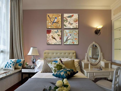 Flowers Birds Canvas Wall Art for Bedroom Floral Wall Decor Butterfly Picture Framed Artwork Vintage Prints Paintings for Bathroom Kitchen Decorations