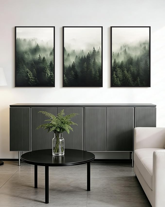 PHOPAGO Green Fog Pine Tree Framed Wall Art Large 16x24in Nature Misty Nordic Forests Artwork Morden Paints for Living Room Home Office Decor - Black Framed