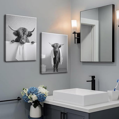 Funny Bathroom Highland Cow Wall Art, Black and White Cute Cow Animal Canvas Posters Prints Set of 3, Vintage Rustic Farmhouse Home Pictures Wall Decor Painting for Bathroom Restroom Framed 12x16 Inch