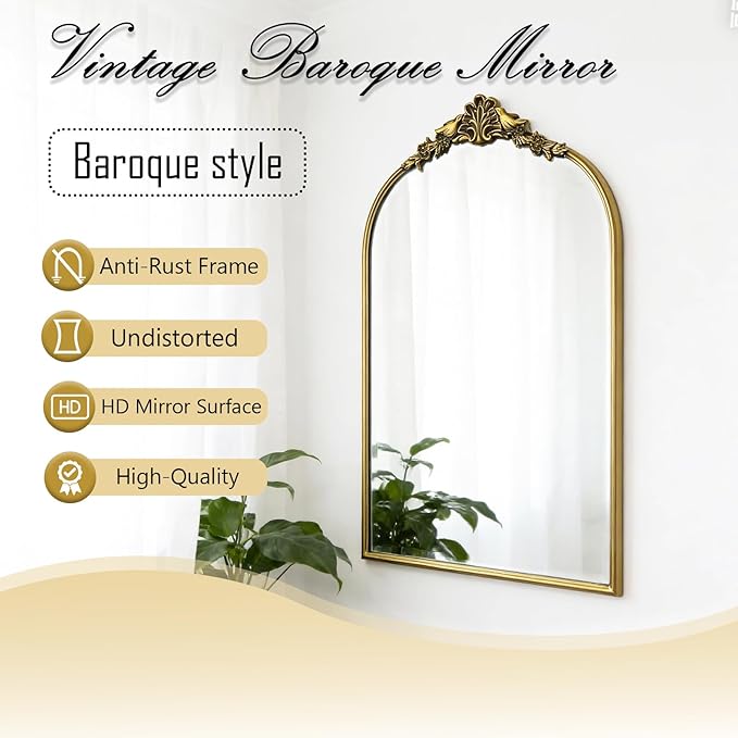 Antique Baroque Vintage Vanity Mirror 36x24Inch, Gold with Ornate Antique Frame, Arched Vintage Wall Mirror for Living Room, Fireplace, Entryway