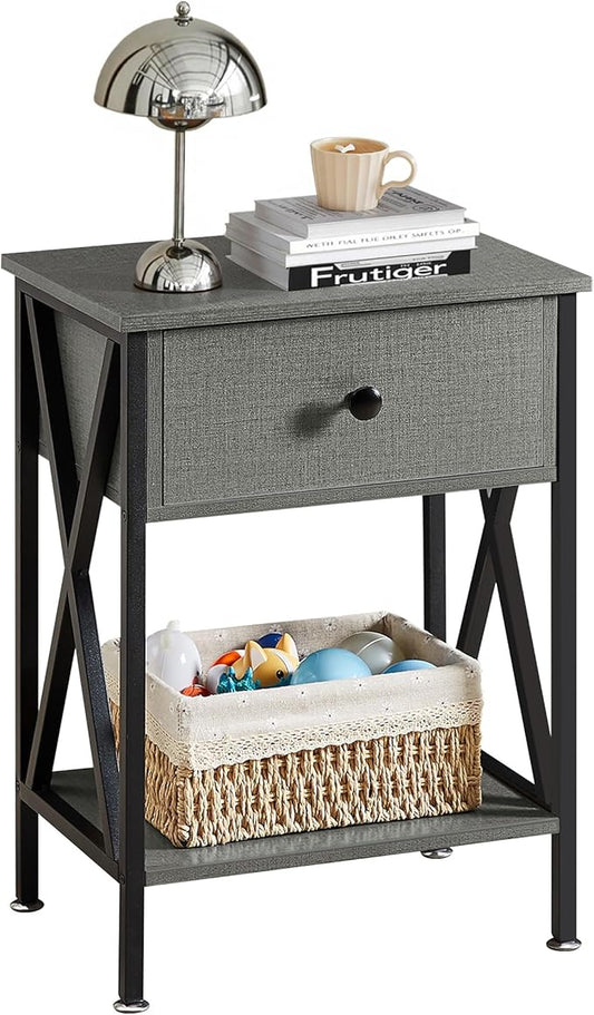 VECELO Nightstand,Modern Bedside End Tables, Night Stand with Drawer and Storage Shelf for Living Room Bedroom, Industrial Metal Frame