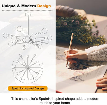 10.9"-52.3" Height Adjustable Sputnik Chandeliers Dining Room Light Fixture (12-Light, 33-Inch), Modern Brushed Brass Chandelier, Mid Century Modern Chandeliers for Dining Room (Bulbs not Included)