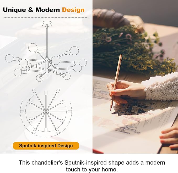 10.9"-52.3" Height Adjustable Sputnik Chandeliers Dining Room Light Fixture (12-Light, 33-Inch), Modern Brown and Gold Chandelier, Mid Century Modern Chandeliers for Dining Room (Bulbs Not Included)