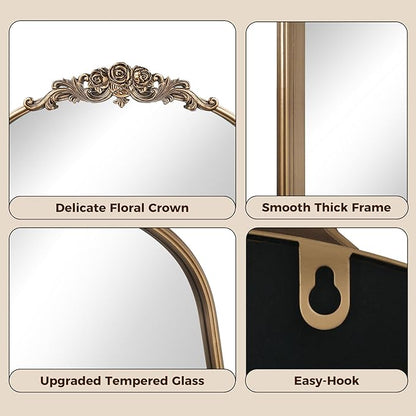 24"x36" Vintage Gold Arched Wall Mirror, Ornate Baroque Metal Frame with Floral Crown, Antique Decorative Mirror for Bathroom, Fireplace, Entryway, Bedroom or Living Room