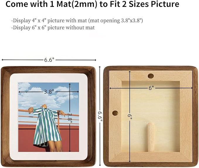 FLECHAZO 6x6 Picture Frame, Natural Walnut Wood 6x6 Frame with Mat for Pictures 4x4, Square Wall Gallery Photo Frame for Wall Mounting and Tabletop Display