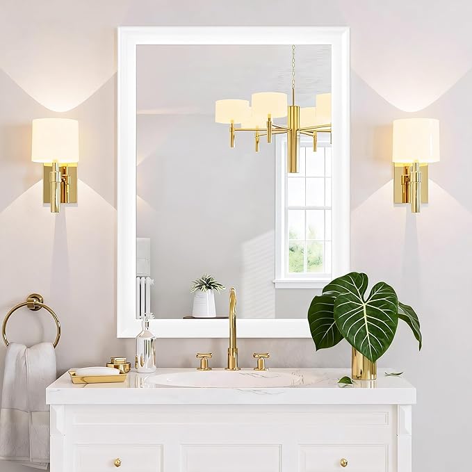 Rectangle Mirrors for Wall 30x40 Inch, White Wood Framed Bathroom Mirror with Tempered Glass for Bedroom Living Room Office or Hallway (White, 30x40 in)