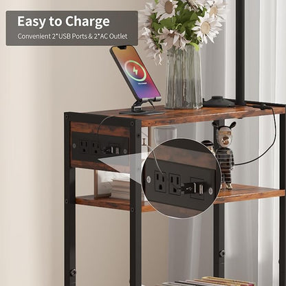 HavenlyYouth Floor Lamp with Table & Storage Baskets, End Table with 3 Color Temperatures LED Bulb, Nightstand with Charging Station, Shelves Side Table for Living Room, Bedroom, Office - Brown