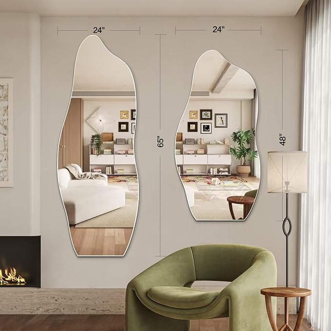 Niccy 65"×24" Frameless Wavy Full Length Mirrors, Long Wall-Mounted Mirror for Living Room, Large Full Body Floor Mirror, Explosion-Proof Tall Hanging-Mirror for Bathroom Bedroom Entryway Decor