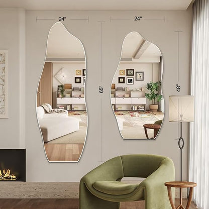 Niccy 65"×24" Frameless Wavy Full Length Mirrors, Long Wall-Mounted Mirror for Living Room, Large Full Body Floor Mirror, Explosion-Proof Tall Hanging-Mirror for Bathroom Bedroom Entryway Decor