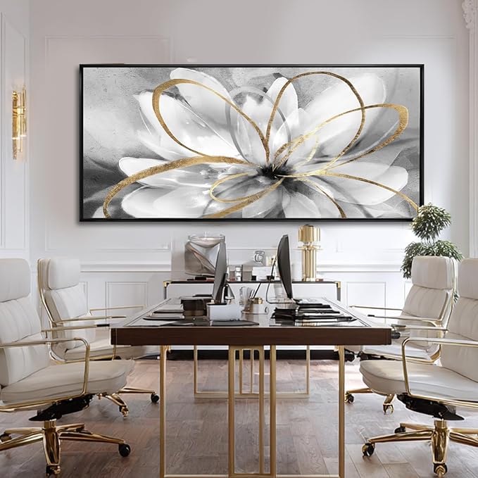 Grey Home Wall Decor Modern Canvas Prints White Flower Framed Wall Art 32"x70" Large Artwork for Living Room Pictures for Office
