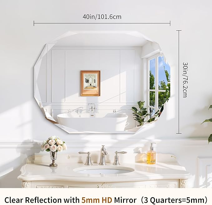 GLASHOM Frameless Bathroom Mirror, 30x40 inch Frameless Wall Mirrors Beveled Edge Wall Mounted, Oval Mirror for Bathroom, Living Room, Over Sink, Entryway Mirror Horizontal or Vertical