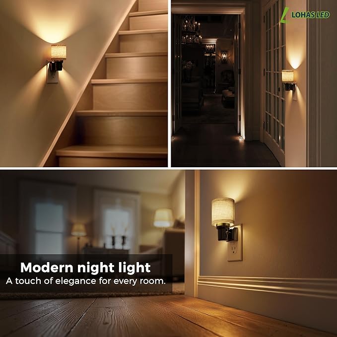 L LOHAS LED Night Lights Plug into Wall, 2 Pack Linen Fabric Cylinder Decor Night Light, Dusk to Dawn Sensor Vintage Nightlight, 0-100LM Dimmable, for Bedroom Living Room Hallway