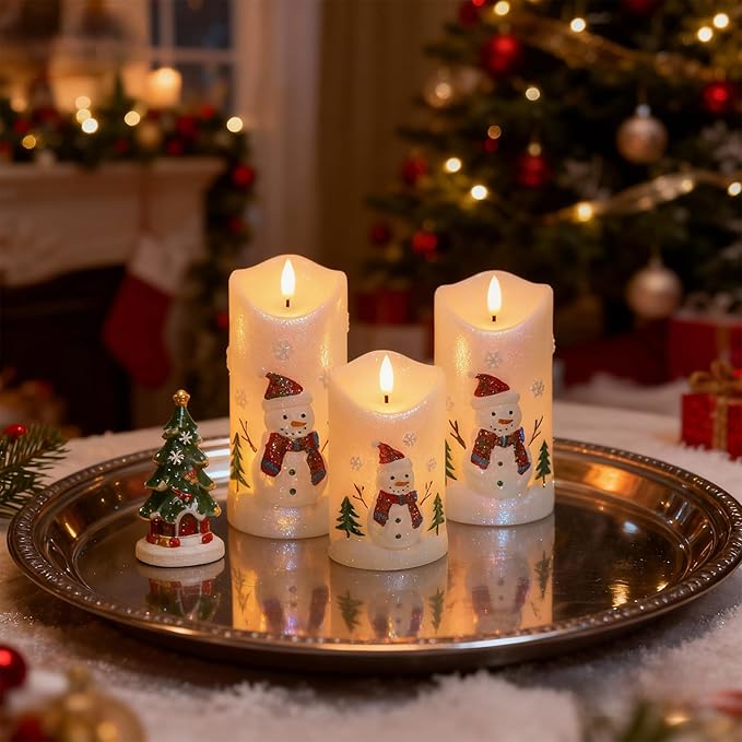Snowman Flameless Candles Battery Operated with Remote and Timer Real Wax 3D Wick Flickering LED Pillar Candles Color Painted Carved Snowflake Christmas Holiday Decor(3" D x 5", 6", 7" H)