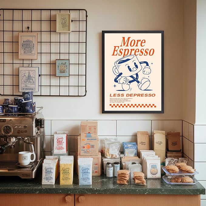 GELDSTEI Wood Framed Cute Coffee Wall Art, More Espresso Less Depresso Wall Decor, Funny Coffee Bar Aesthetic Picture, Vintage Cafe Bar Poster Print, Retro Cafe Cup Canvas Painting for Kitchen 12x16 Inch