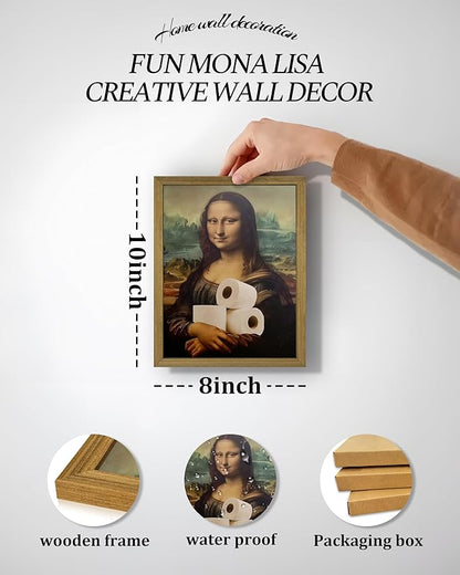 XYHYRA Vintage Mona Lisa Bathroom Wall Art, Funy Abstract Mona Lisa Paper Roll Wall Decor, Humor Amusing restroom Canvas Print Painting for Toilet Bathroom Home Decor 8x10 Inch Framed