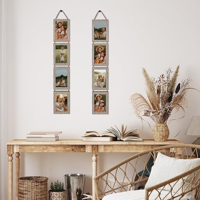 Lavezee 4x6 Hanging Collage Picture Frames Set of 2, 8 Opening Vertical Frame Made to Display 4 by 6 Inch Photo for Wall Decor, Rustic