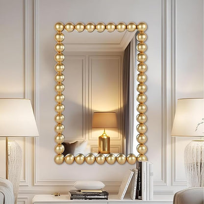 Decorative Beaded Wall Mirror – Modern Rectangular Accent Mirror, 20″x30″, for Living Room, Bedroom, Bathroom, Entryway & Office – Available in Gold, Black, & White (Gold)