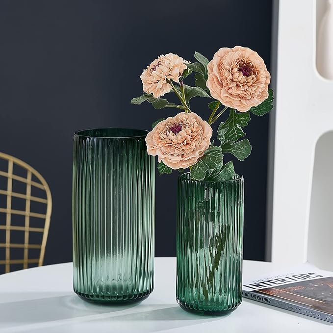 TIMEFOTO Flower Vase 10 inch Green Thickened Hand Blow Glass Vase Round Vintage Striped Bottles for Bookshelf,Dinner Table,Indoor Office Desktop,Meeting Room,Bathroom,Countertop,Home