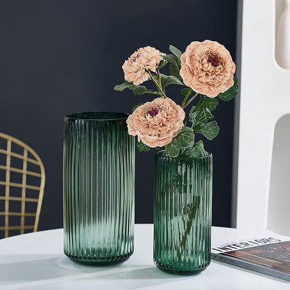TIMEFOTO Flower Vase 10 inch Green Thickened Hand Blow Glass Vase Round Vintage Striped Bottles for Bookshelf,Dinner Table,Indoor Office Desktop,Meeting Room,Bathroom,Countertop,Home