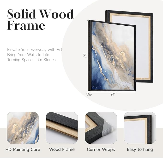 Large Framed Abstract Blue and Gold Wall Art for Living Room, 3 Piece Modern Canvas Artwork for Walls, Contemporary Pictures Prints Paintings for Bedroom Hallway Wall Decor, 24x36 Inch