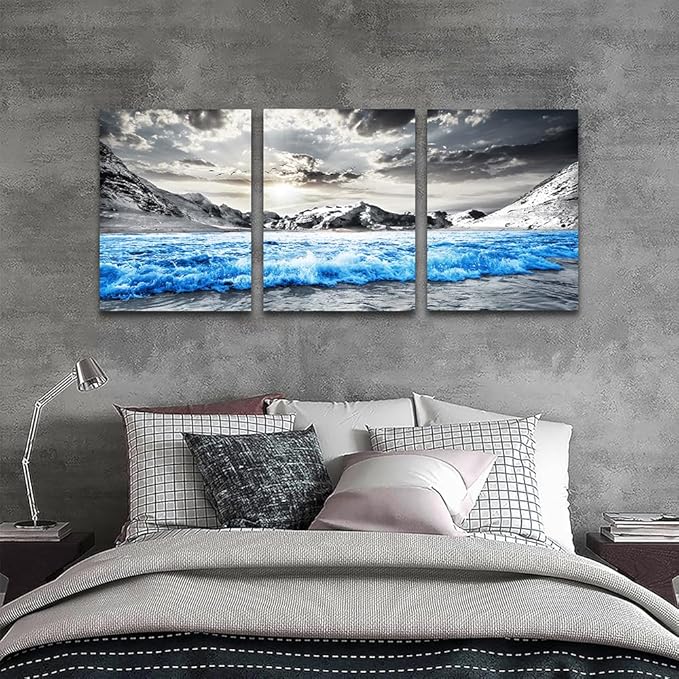 TTHYUEWS Large Canvas Art For Living Room, Bedroom & Office - Black And White Beach Wall Paintings - Blue Sea Wave Pictures - Stretched and Framed 3 Piece