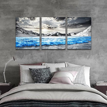 TTHYUEWS Large Canvas Art For Living Room, Bedroom & Office - Black And White Beach Wall Paintings - Blue Sea Wave Pictures - Stretched and Framed 3 Piece