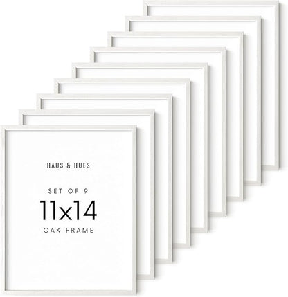 HAUS AND HUES White Oak Wood 11x14 Picture Frames - Set of 9, Modern Frames for Posters and Wall Art