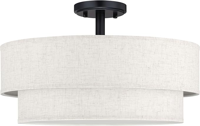 18 Inch LED 24W Adjustable 3000/4000/5000 Black Double Drum Linen Fabric Shade Semi Flush Mount Close to Ceiling Light Fixture for Bedroom,Living Room,Dining Room Hallway
