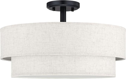 18 Inch LED 24W Adjustable 3000/4000/5000 Black Double Drum Linen Fabric Shade Semi Flush Mount Close to Ceiling Light Fixture for Bedroom,Living Room,Dining Room Hallway