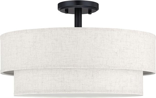 18 Inch LED 24W Adjustable 3000/4000/5000 Black Double Drum Linen Fabric Shade Semi Flush Mount Close to Ceiling Light Fixture for Bedroom,Living Room,Dining Room Hallway