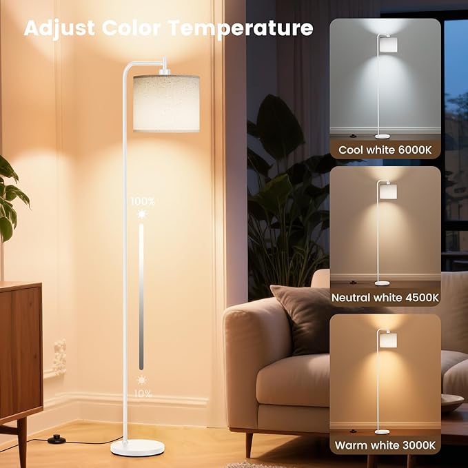 SIBRILLE Floor Lamp with Linen Shade, Dimmable Tall Standing Lamp with Remote Control & 3 Color Temperatures, Modern Corner Floor Lamps for Living Room Bedroom Office, 9W LED Bulb Included