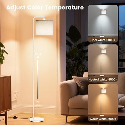 SIBRILLE Floor Lamp with Linen Shade, Dimmable Tall Standing Lamp with Remote Control & 3 Color Temperatures, Modern Corner Floor Lamps for Living Room Bedroom Office, 9W LED Bulb Included