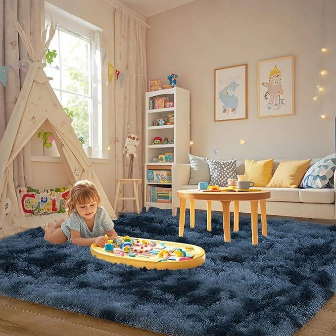 8x10 Area Rugs for Living Room Bedroom, Ultra Soft Fluffy Tie-Dyed Blue Grey Large Rug Carpet for Bedroom, Upgrade Non-Slip Fuzzy Shag Rugs for Nursery Boys Girls Kids Room Modern Indoor Home Decor