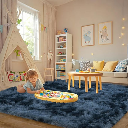 8x10 Area Rugs for Living Room Bedroom, Ultra Soft Fluffy Tie-Dyed Blue Grey Large Rug Carpet for Bedroom, Upgrade Non-Slip Fuzzy Shag Rugs for Nursery Boys Girls Kids Room Modern Indoor Home Decor