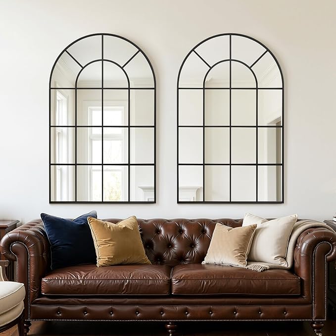 Anpark Arched Windowpane Wall Mirror 30"x48" Black Wall Mounted Art Pane Mirror Farmhouse Decorative Mirror Leaning Hanging Wall Mirror for Bedroom Living Room Entrance Hallway Wall Decor