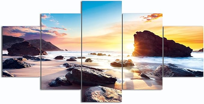 5 Piece Beach Sea Scene Wall Art for Bedroom Modern Home Decor HD Landscape Canvas Print Picture Bathroom Canvas Framed Wall Artwork Giclee Art Ready to Hang-60''W x 32''H