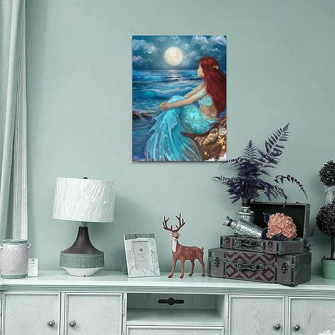 SDYA Girl Wall Decorations Blue Ocean Wall Art Bedroom Decor for Women Moon Night Wall Painting Shell Canvas Prints Size 12"x 16"