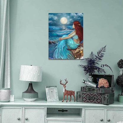 SDYA Girl Wall Decorations Blue Ocean Wall Art Bedroom Decor for Women Moon Night Wall Painting Shell Canvas Prints Size 12"x 16"