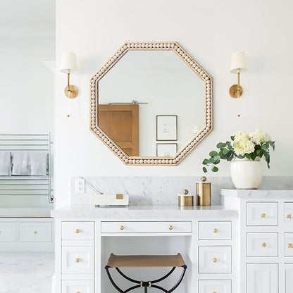 Octagon Bathroom Mirror 24x24 Inch, Gold Accent Mirror, Antique Beaded Mirror Metal Framed, Rustic Square Vanity Mirror for Bedroom Living Room Washing Room Entryway